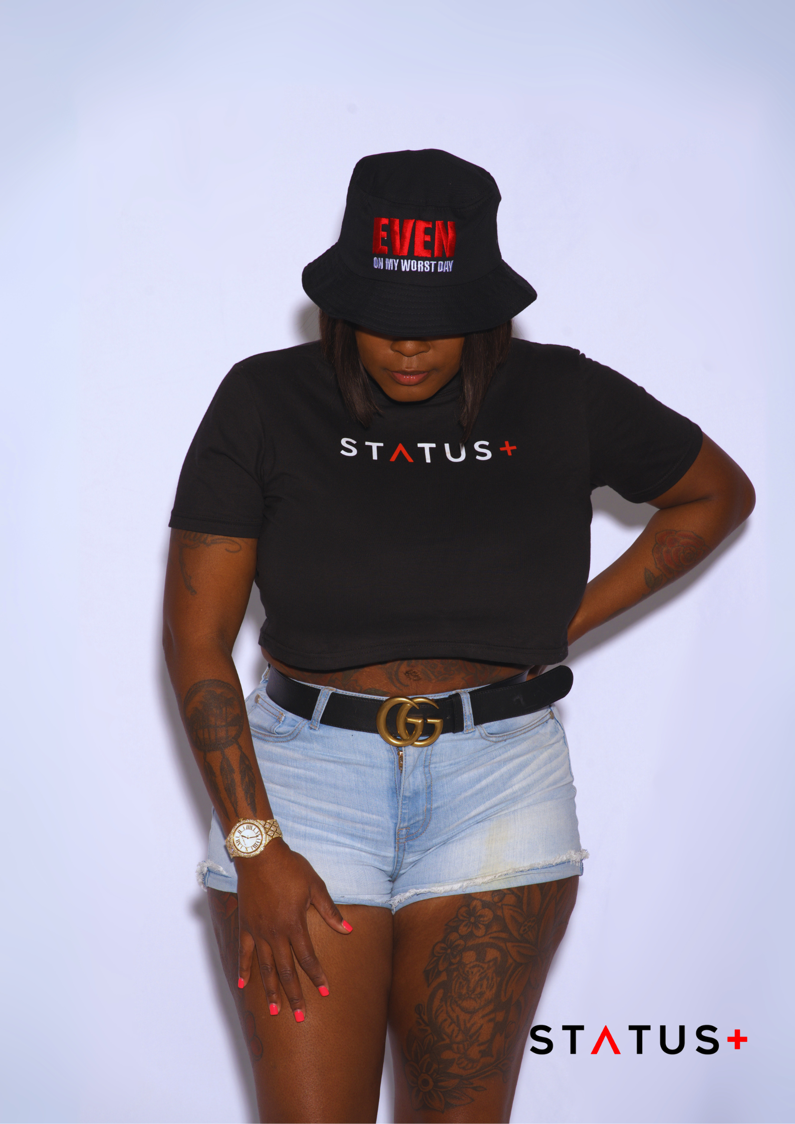 Status Plus Black T-Shirt (White and Red Logo)