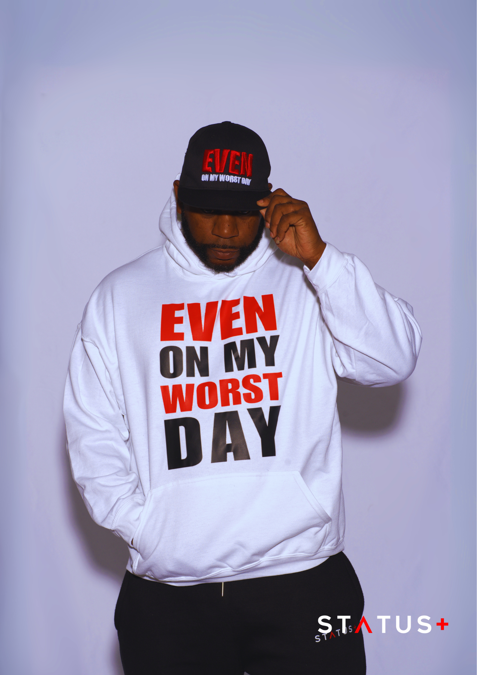 "Even on My Worst Day" White Hoodie (red and black logo)